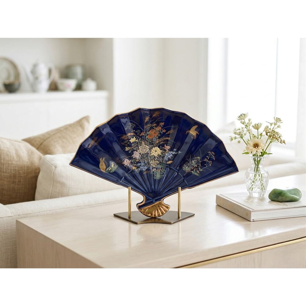 Vintage Toyo Japan Cobalt Blue & Gold Chinoiserie Fan Shaped Porcelain Plate